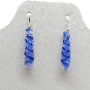 Handcrafted Blue Murano Glass Dangle Earrings With Silver Tone Hooks